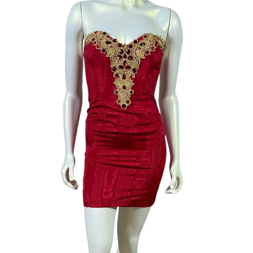 Jessica McClintock Gunne Sax Red Strapless Mini Dress with Gold Lace Size 3/4